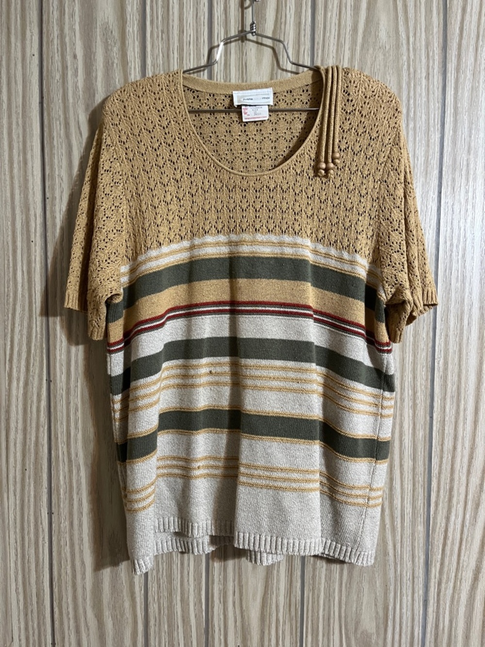 Casual Striped Short Sleeve Knit Top - Mustard & Olive 1X